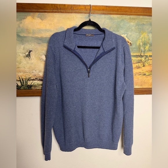 J McLaughlin Sweater Mens Large Blue Stripe Cashmere 1/4 Zip Preppy Pullover - Picture 1 of 4